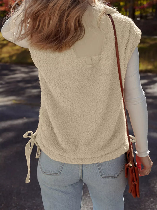 Faux Fur Snap Button Front Knot Side Plush Vest